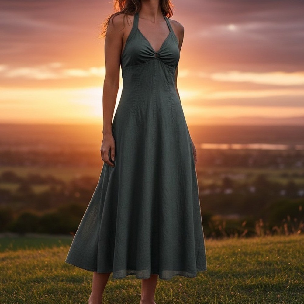 120% Lino Dark Green 100% Linen Halter Midi Dress Made in Italy Ruched V-Neck